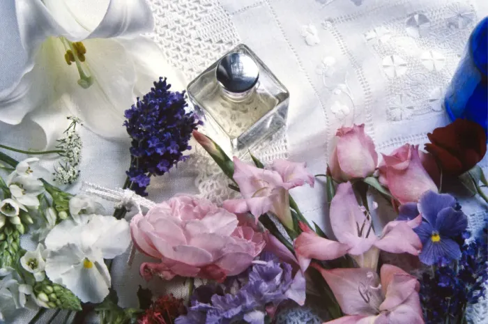 Framed Print : Flowers, scent bottle and lace - prettiness credit: Marie-Louise Avery  /  thePictureKitchen