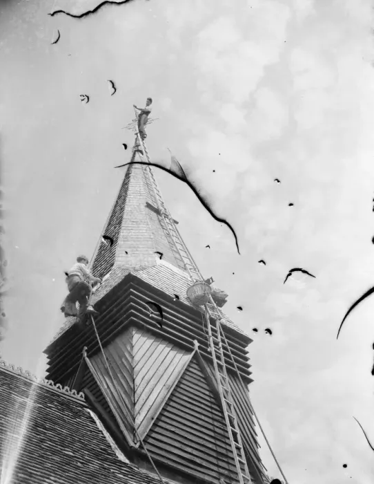 Framed Print : Footscray Church steeple being re - shingled. 1939 Framed Print : Footscray Church steeple being re - shingled. 1939
