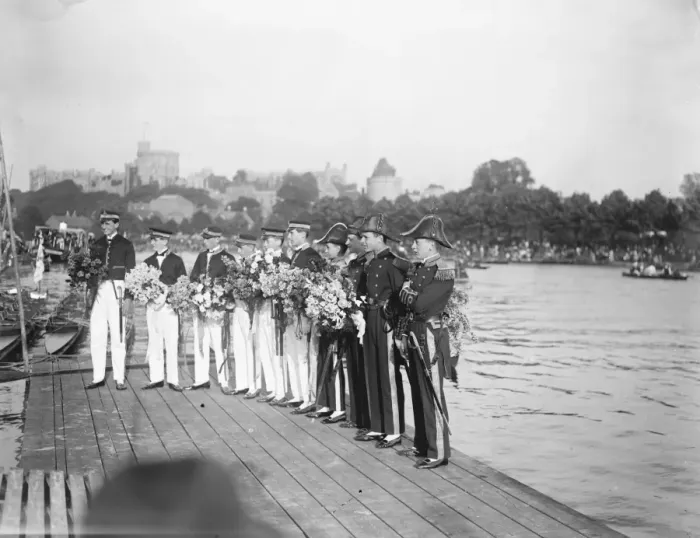 Framed Print : Fourth of June celebrations and procession of boats at Eton A group of their coxswains