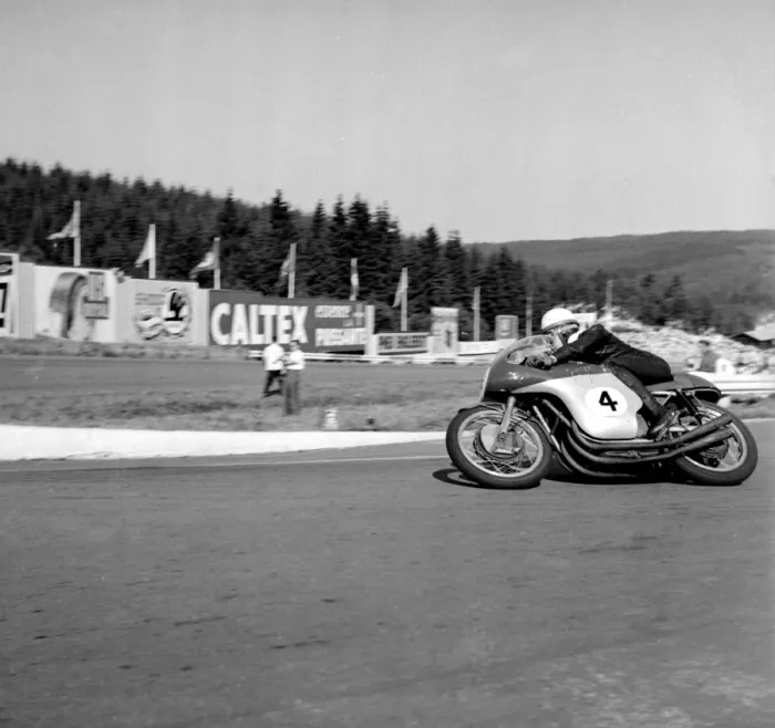 Framed Print : Francorchamps, Belgium : Britains famous John Surtees on an M V Augusta motorbike