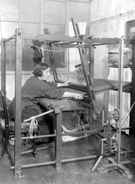 Framed Print : The fraternity weavers at South Holmwood. Weaving on the hand loom. 11 November 1919 Framed Print : The fraternity weavers at South Holmwood. Weaving on the hand loom. 11 November 1919