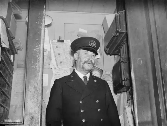 Framed Print : Fred Needham a ticket collector in Dartford, Kent. 1938 Framed Print : Fred Needham a ticket collector in Dartford, Kent. 1938