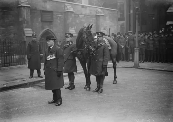 Framed Print : Funeral of Earl Haig. The charger of the late Field Marshal. The civilian figure is Mr Secrett Framed Print : Funeral of Earl Haig. The charger of the late Field Marshal. The civilian figure is Mr Secrett