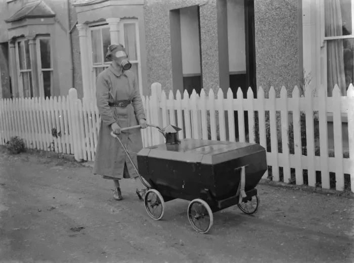 Framed Print : Gas proof pram invention in Hextable, Kent. 1938 Framed Print : Gas proof pram invention in Hextable, Kent. 1938