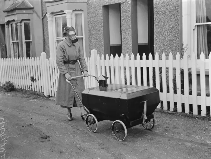 Framed Print : Gas proof pram invention in Hextable, Kent. 1938 Framed Print : Gas proof pram invention in Hextable, Kent. 1938