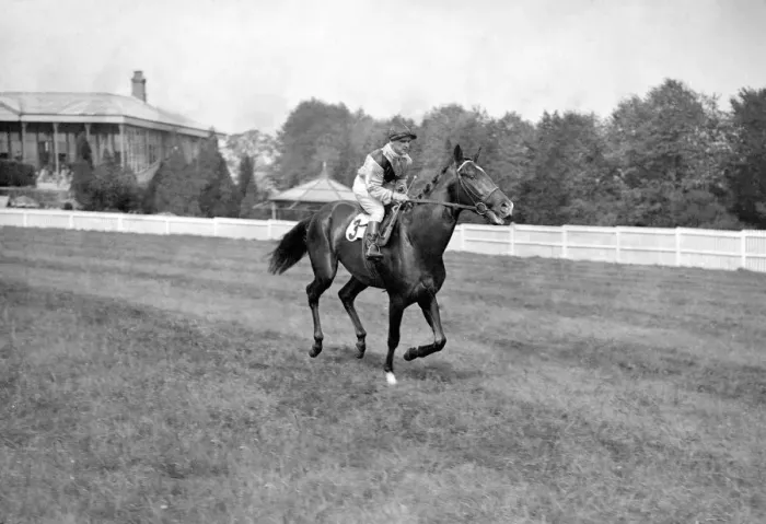 Framed Print : Gatwick Races, west Sussex, England. Rawana, ridden by Gordon Richards, canters