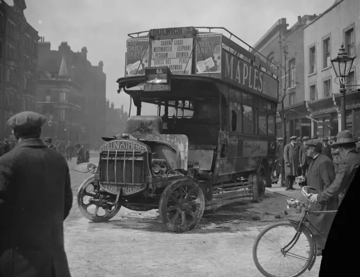 Framed Print : The General Strike A motor bus casualty