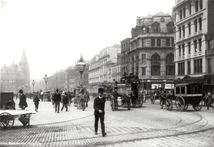 Framed Print : General traffic in the streets of Manchester, Piccadilly. c. 1886 Framed Print : General traffic in the streets of Manchester, Piccadilly. c. 1886