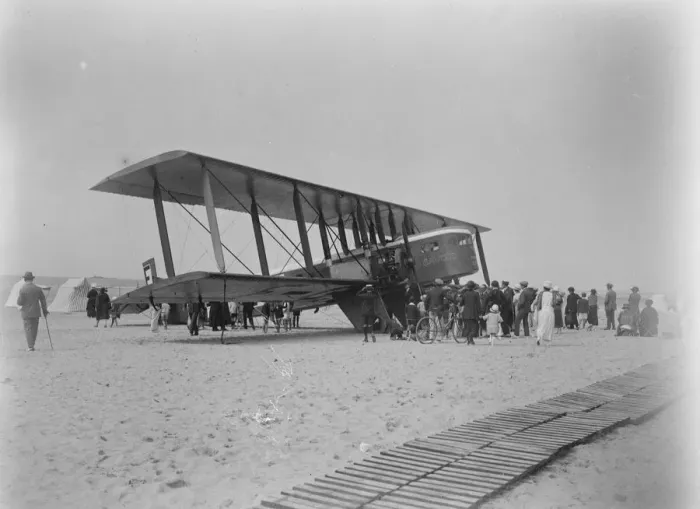 Framed Print : Giant Paris London aeroplane makes forced landing on sands The machine after landing Framed Print : Giant Paris London aeroplane makes forced landing on sands The machine after landing