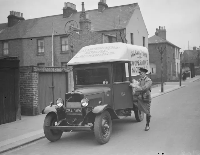 Framed Print : Gillingham Cooperative Society laundry delivery van with driver. 1938 Framed Print : Gillingham Cooperative Society laundry delivery van with driver. 1938