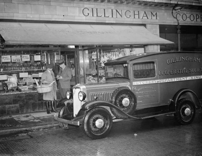 Framed Print : Gillingham Co - operative Society butchers van making a delivery to a Co - operative Framed Print : Gillingham Co - operative Society butchers van making a delivery to a Co - operative