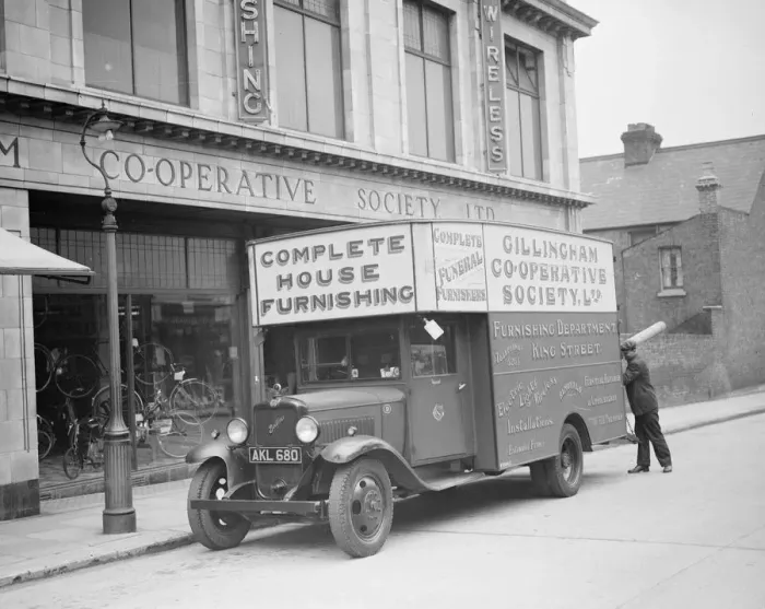 Framed Print : Gillingham Co - operative Society furniture van loading up goods outside the store
