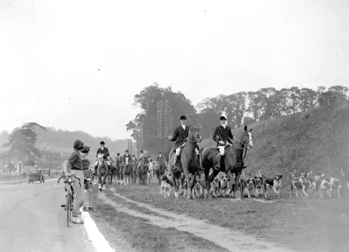 Framed Print : Girl cyclists watch the Royal Artillery (RA) drag hunt at Green St Green, Kent. 1934 Framed Print : Girl cyclists watch the Royal Artillery (RA) drag hunt at Green St Green, Kent. 1934