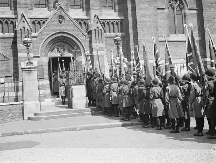 Framed Print : Girl Guide rally. Guides waiting to enter the church. 1935