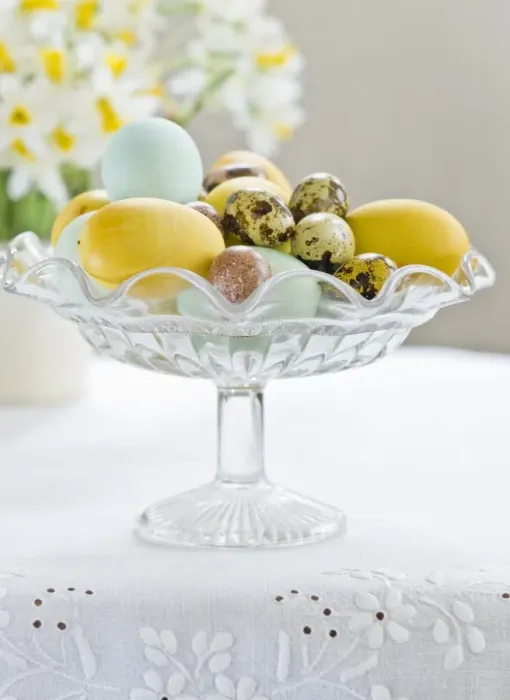 Framed Print : Glass stand with hand painted eggs including quais eggs credit: Marie-Louise Avery