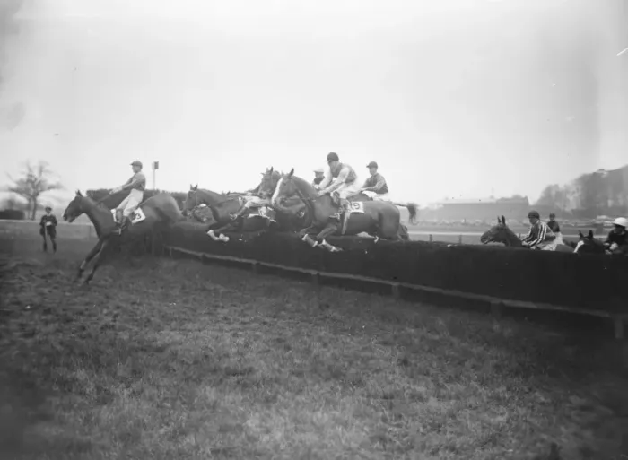 Framed Print : Grand military meeting at Sandown Park Some of the field taking one of the jumps Framed Print : Grand military meeting at Sandown Park Some of the field taking one of the jumps
