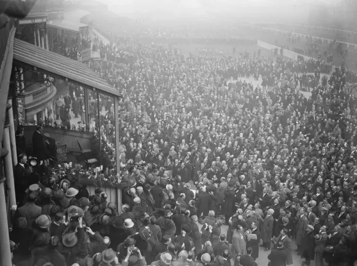 Framed Print : The Grand National at Liverpool. The crowd cheering the King and the Prince of Framed Print : The Grand National at Liverpool. The crowd cheering the King and the Prince of