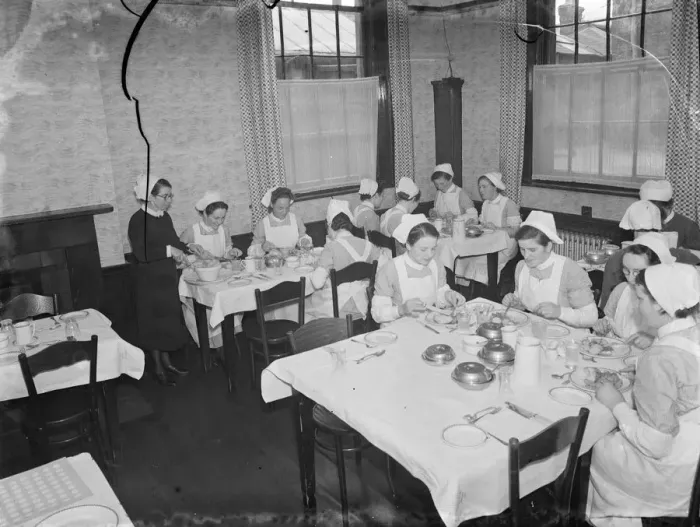 Framed Print : Gravesend Hospital in Kent. Nurses at meal time. 1939 Framed Print : Gravesend Hospital in Kent. Nurses at meal time. 1939
