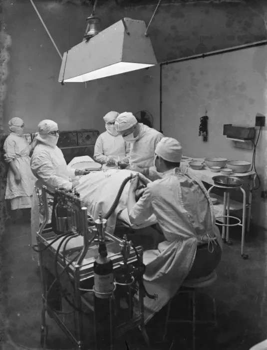 Framed Print : Gravesend Hospital in Kent. Operation underway in the theatre. 1939 Framed Print : Gravesend Hospital in Kent. Operation underway in the theatre. 1939