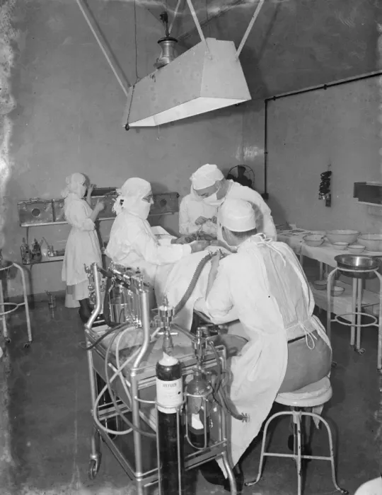 Framed Print : Gravesend Hospital in Kent. Operation underway in the theatre. 1939 Framed Print : Gravesend Hospital in Kent. Operation underway in the theatre. 1939