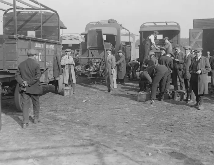 Framed Print : The Great Railway Strike The lorry repair section in Hyde Park 1920 Framed Print : The Great Railway Strike The lorry repair section in Hyde Park 1920