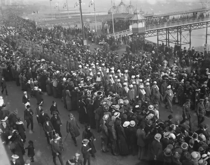 Framed Print : Great recruiting rally at Brighton, wounded Indians in the procession