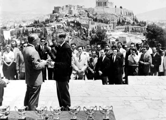Framed Print : Greek Premier presents prize to British driver: British driver P Harper receives Framed Print : Greek Premier presents prize to British driver: British driver P Harper receives