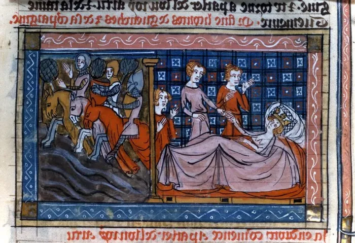 Framed Print : Guinevere gives Bohort a ring for Lancelot 14th century Framed Print : Guinevere gives Bohort a ring for Lancelot 14th century