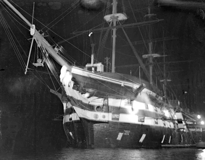 Framed Print : H. M.s Worcester, floodlit in Honour of Nelson on the Anniversary of Trafalgar