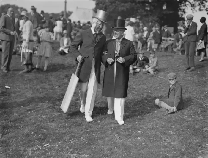 Framed Print : Top hats and side whiskers were worn by players in an old time cricket match between Framed Print : Top hats and side whiskers were worn by players in an old time cricket match between