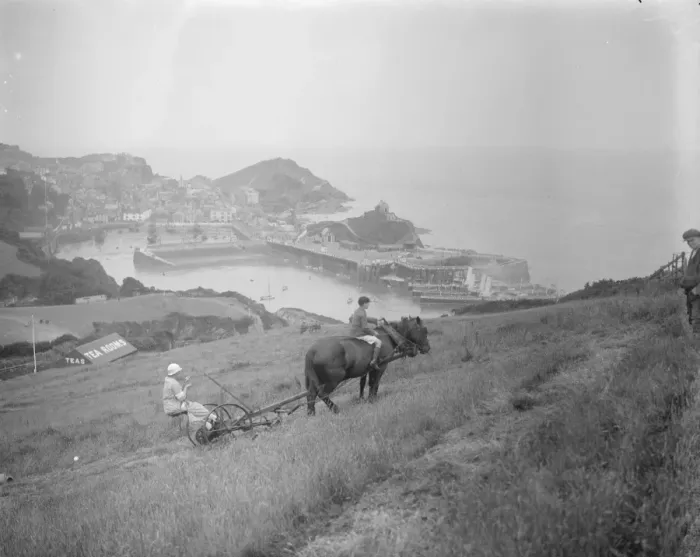 Framed Print : Haymaking on the red cliffs of Devon. Visitors in holiday mood find some fun in