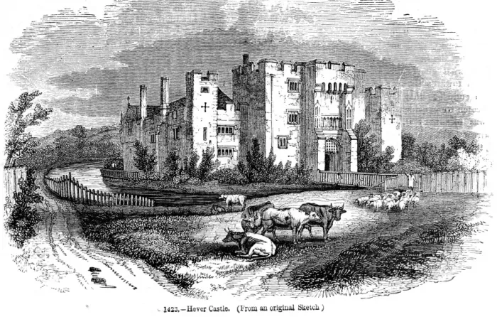 Framed Print : Hever Castle with cattle grazing and sheep being herded through a gate on the land in front Framed Print : Hever Castle with cattle grazing and sheep being herded through a gate on the land in front