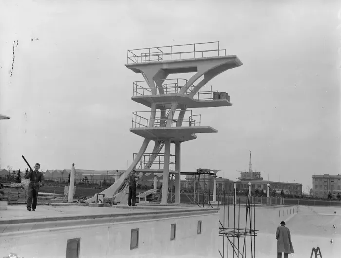 Framed Print : High divers near high flyers. Photo shows: the new high diving stage which has been Framed Print : High divers near high flyers. Photo shows: the new high diving stage which has been