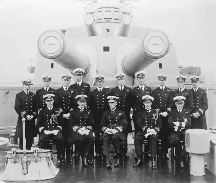 Framed Print : HMS Hood after refit. Rear Admiral Sir F L Field, KCB, CMG, ( sitting in centre ) Framed Print : HMS Hood after refit. Rear Admiral Sir F L Field, KCB, CMG, ( sitting in centre )