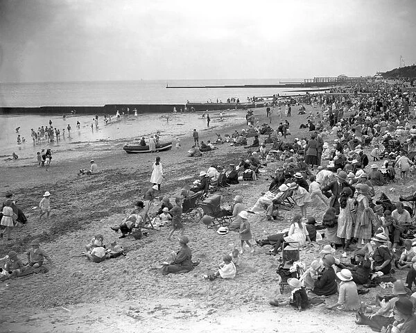 Holidaymakers on the beach at Clacton - on - Sea, Essex. 24 July 1924