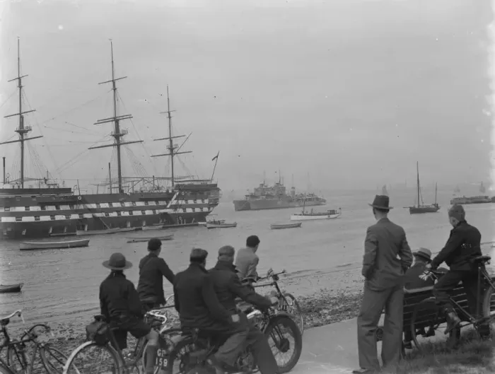 Framed Print : The Home Fleet on the river Thames at Greenhithe, Kent. On the left is HMS Worcester