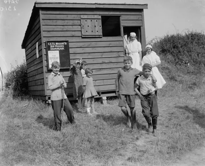 Framed Print : Hop pickers dispensary at Faversham, Kent. 1935 Framed Print : Hop pickers dispensary at Faversham, Kent. 1935