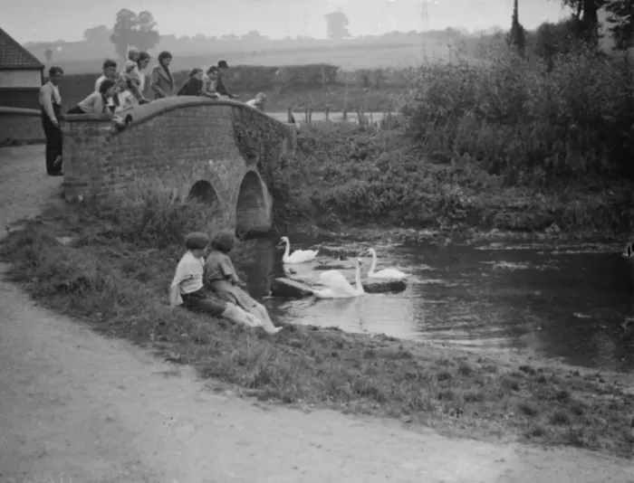 Framed Print : Hop pickers watch the swans on the river from a bridge. 1938 Framed Print : Hop pickers watch the swans on the river from a bridge. 1938