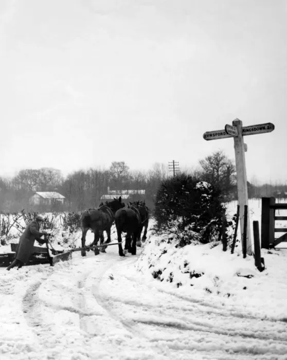 Framed Print : A Horsedrawn snow plough clearing the road near Eynsford 1940s Framed Print : A Horsedrawn snow plough clearing the road near Eynsford 1940s