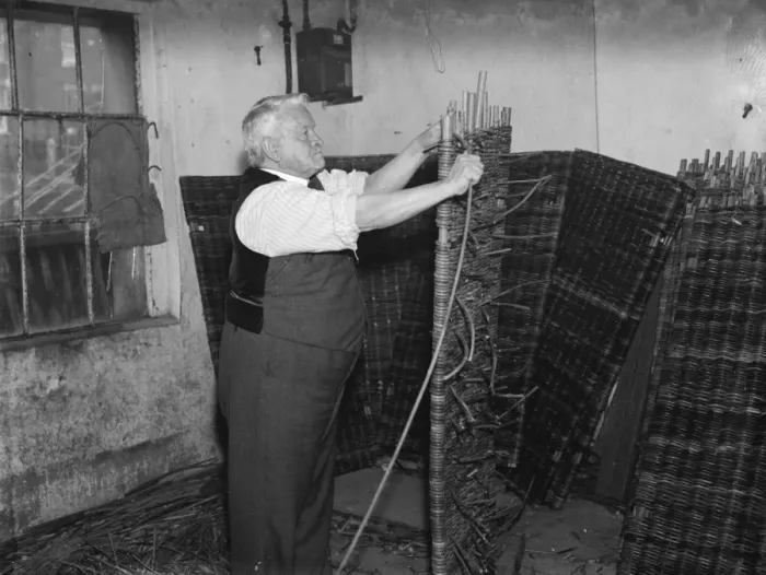 Framed Print : Howitzer mat making by Mr Hewett at Swanley Basket Works, Kent. 1938 Framed Print : Howitzer mat making by Mr Hewett at Swanley Basket Works, Kent. 1938