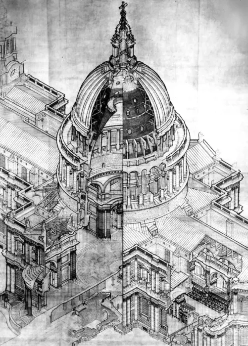 Framed Print : An illustrated aerial view of St Pauls Cathedral, London, England revealing all Framed Print : An illustrated aerial view of St Pauls Cathedral, London, England revealing all
