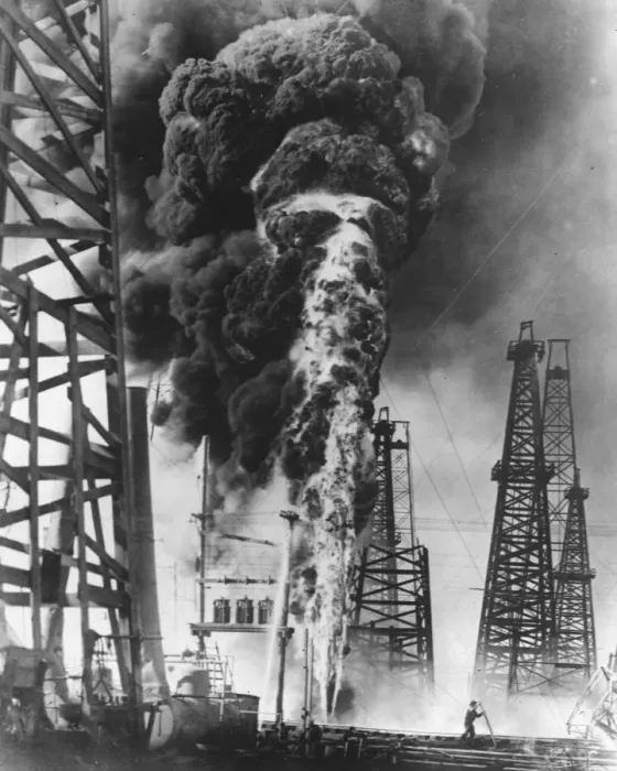 Framed Print : Impressive spectacle provided by oil well fire. One of the wells of the Spindle