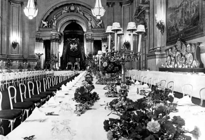Framed Print : including in the programme is the ballroom at Buckingham Palace, prepared for a state Banquet Framed Print : including in the programme is the ballroom at Buckingham Palace, prepared for a state Banquet