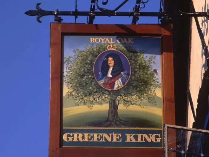 Framed Print : Inn sign of The Royal Oak. Pub sign for one of the Greene King houses Framed Print : Inn sign of The Royal Oak. Pub sign for one of the Greene King houses