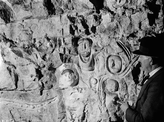 Framed Print : Inside the Chislehurst caves showing the war time ( First World War ) carvings Framed Print : Inside the Chislehurst caves showing the war time ( First World War ) carvings