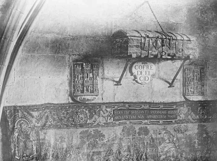 Framed Print : Iron bound chest on cathedral wall. The iron bound and historic coffer of the Cid Framed Print : Iron bound chest on cathedral wall. The iron bound and historic coffer of the Cid