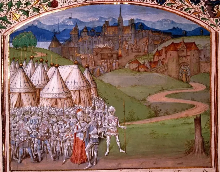 Framed Print : Isabella of France (c. 1295-1358) with troops at Hereford, 14th century Framed Print : Isabella of France (c. 1295-1358) with troops at Hereford, 14th century