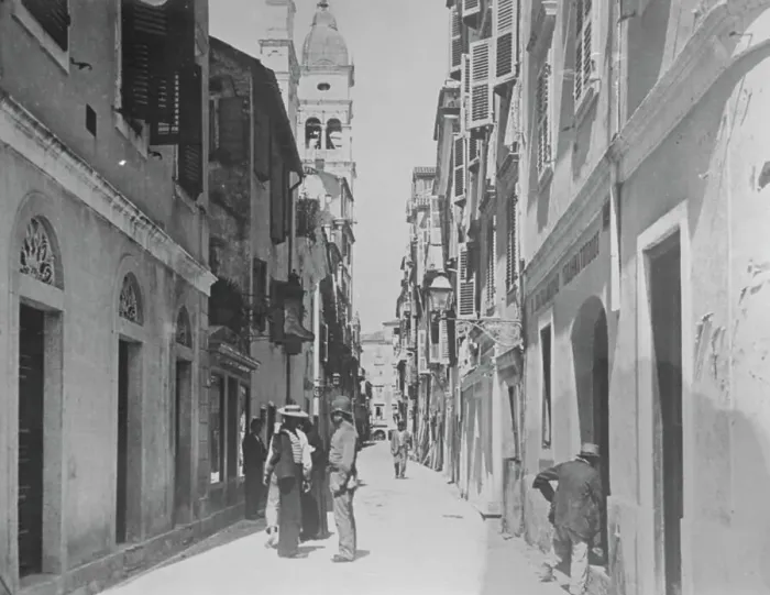 Framed Print : Italians Seize Corfu A typical street in Corfu, the Calles Spiridione. In Framed Print : Italians Seize Corfu A typical street in Corfu, the Calles Spiridione. In