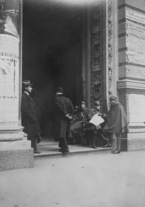 Framed Print : Italys labour troubles Entrance to post office at Milan guarded by troops February Framed Print : Italys labour troubles Entrance to post office at Milan guarded by troops February