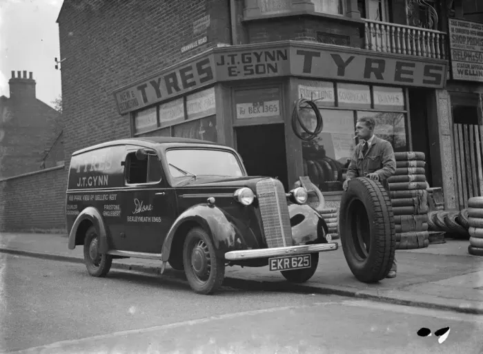 Framed Print : A J T Gynn and Son Tyres store with their Bedford truck parked outside, in Bexleyheath Framed Print : A J T Gynn and Son Tyres store with their Bedford truck parked outside, in Bexleyheath